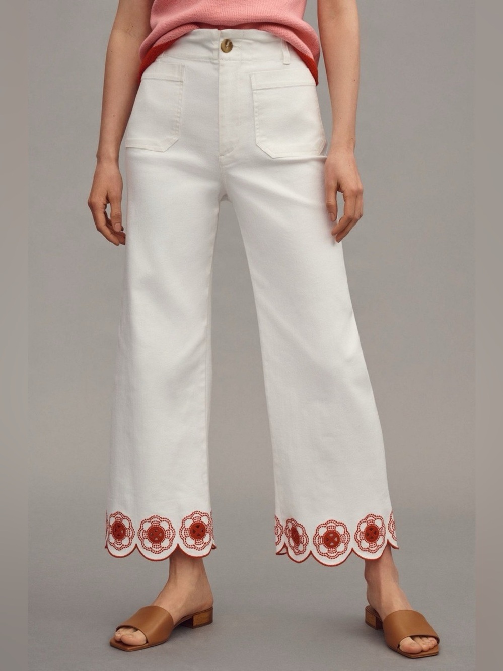 Anthropologie Maeve Colette Scallop Hem Crop Wide Leg Jeans Embroidered 26